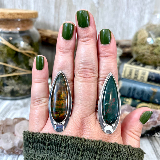 Magic Moons Bloodstone Statement Ring in Sterling Silver- Designed by FOXLARK Collection Size 5 6 7 8 9 10 11 / Gothic Jewelry