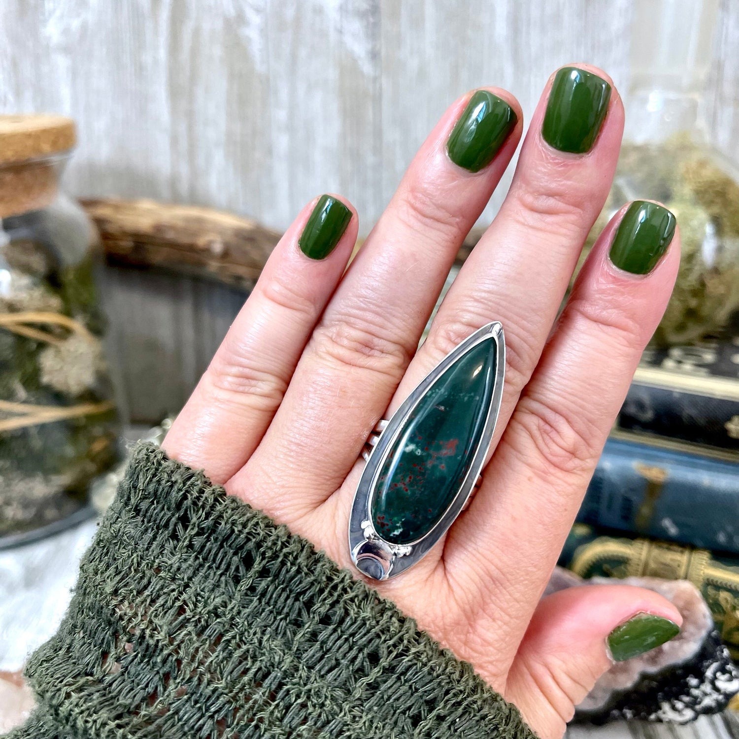 Magic Moons Bloodstone Statement Ring in Sterling Silver- Designed by FOXLARK Collection Size 5 6 7 8 9 10 11 / Gothic Jewelry