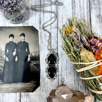 Black Onyx Mystic Moon Crystal Statement Necklace in Sterling Silver / Designed by FOXLARK Collection.