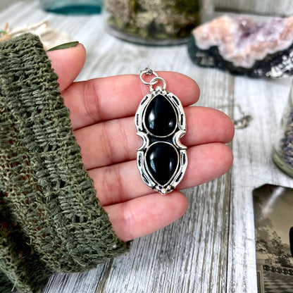 Black Onyx Mystic Moon Crystal Statement Necklace in Sterling Silver / Designed by FOXLARK Collection.