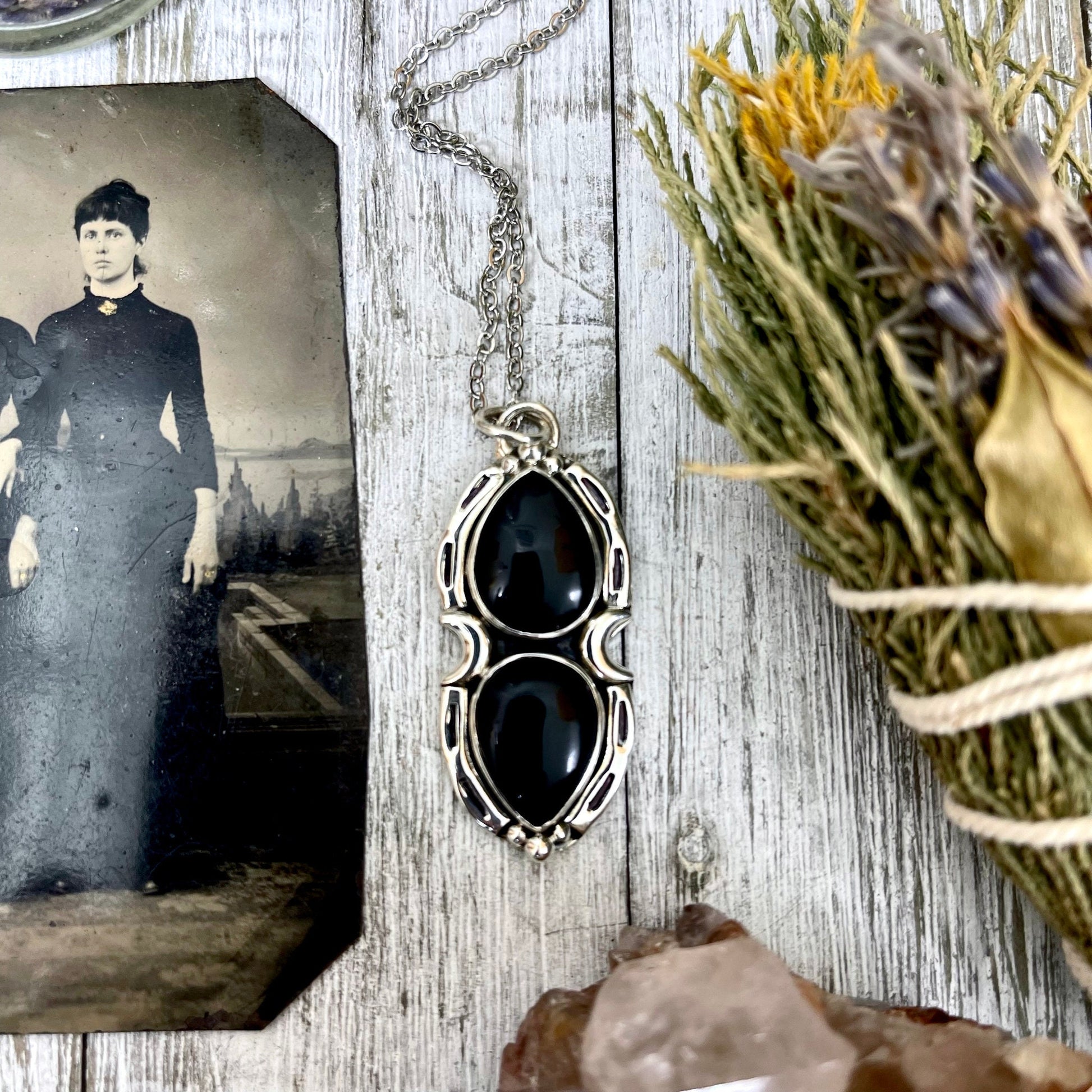 Black Onyx Mystic Moon Crystal Statement Necklace in Sterling Silver / Designed by FOXLARK Collection - Foxlark Crystal Jewelry