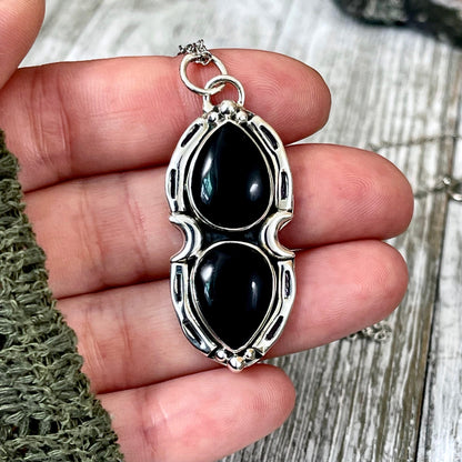 Black Onyx Mystic Moon Crystal Statement Necklace in Sterling Silver / Designed by FOXLARK Collection.