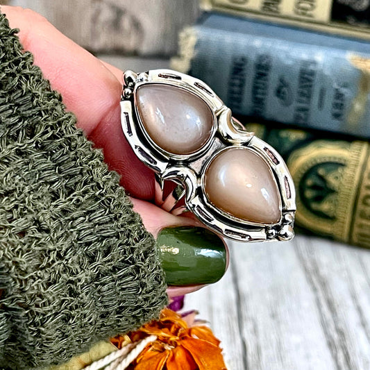 Mystic Moons Peach Moonstone Crystal Ring in Sterling Silver 925- Designed by FOXLARK Collection Size 5 6 7 8 9 10 11 or Adjustable - Foxlark Crystal Jewelry