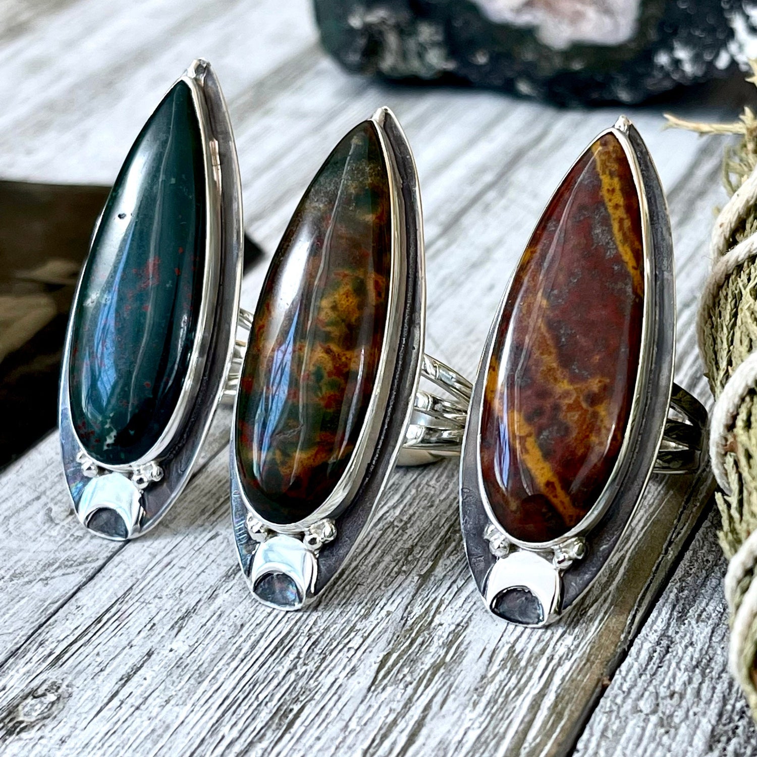 Magic Moons Bloodstone Statement Ring in Sterling Silver- Designed by FOXLARK Collection Size 5 6 7 8 9 10 11 / Gothic Jewelry