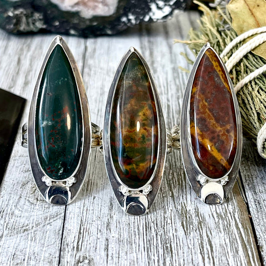 Magic Moons Bloodstone Statement Ring in Sterling Silver- Designed by FOXLARK Collection Size 5 6 7 8 9 10 11 / Gothic Jewelry - Foxlark Crystal Jewelry