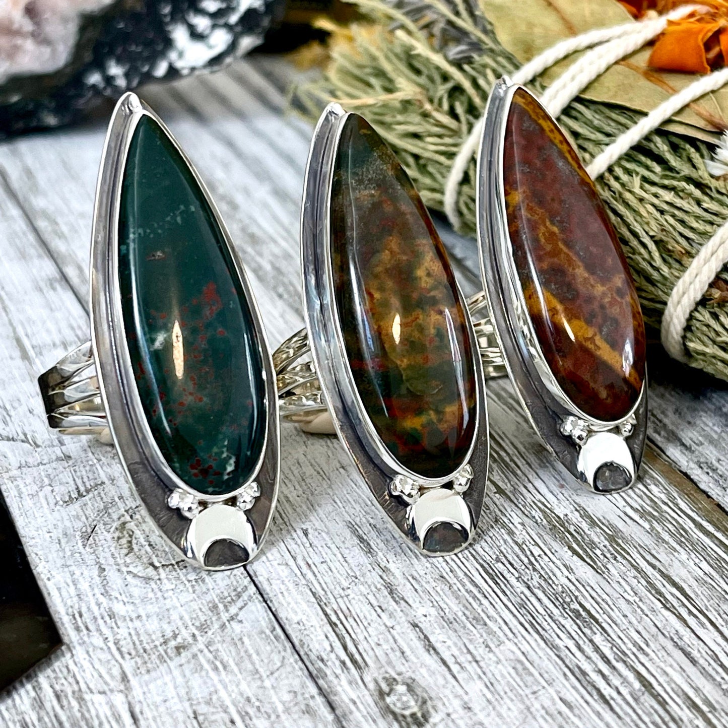 Magic Moons Bloodstone Statement Ring in Sterling Silver- Designed by FOXLARK Collection Size 5 6 7 8 9 10 11 / Gothic Jewelry