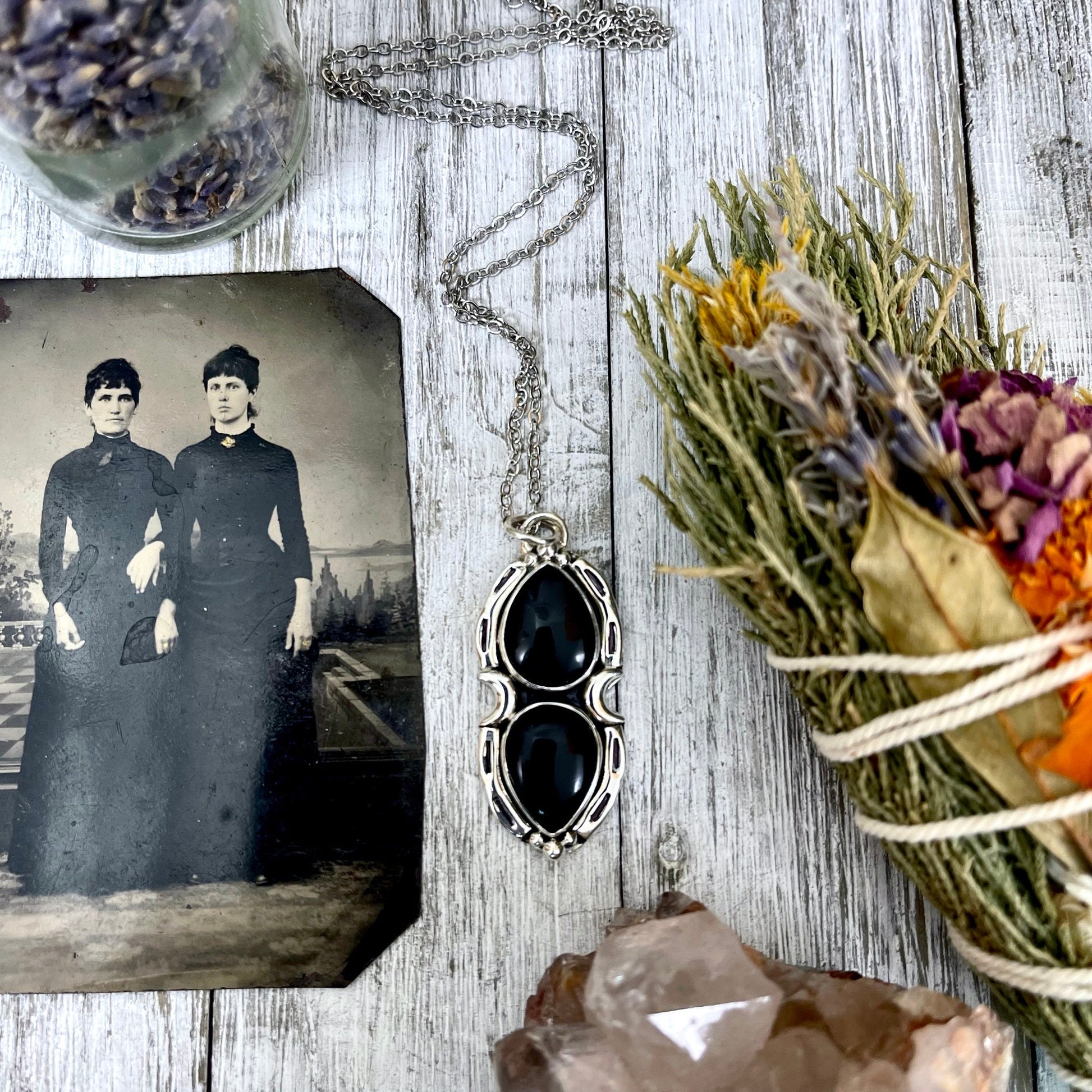 Black Onyx Mystic Moon Crystal Statement Necklace in Sterling Silver / Designed by FOXLARK Collection - Foxlark Crystal Jewelry