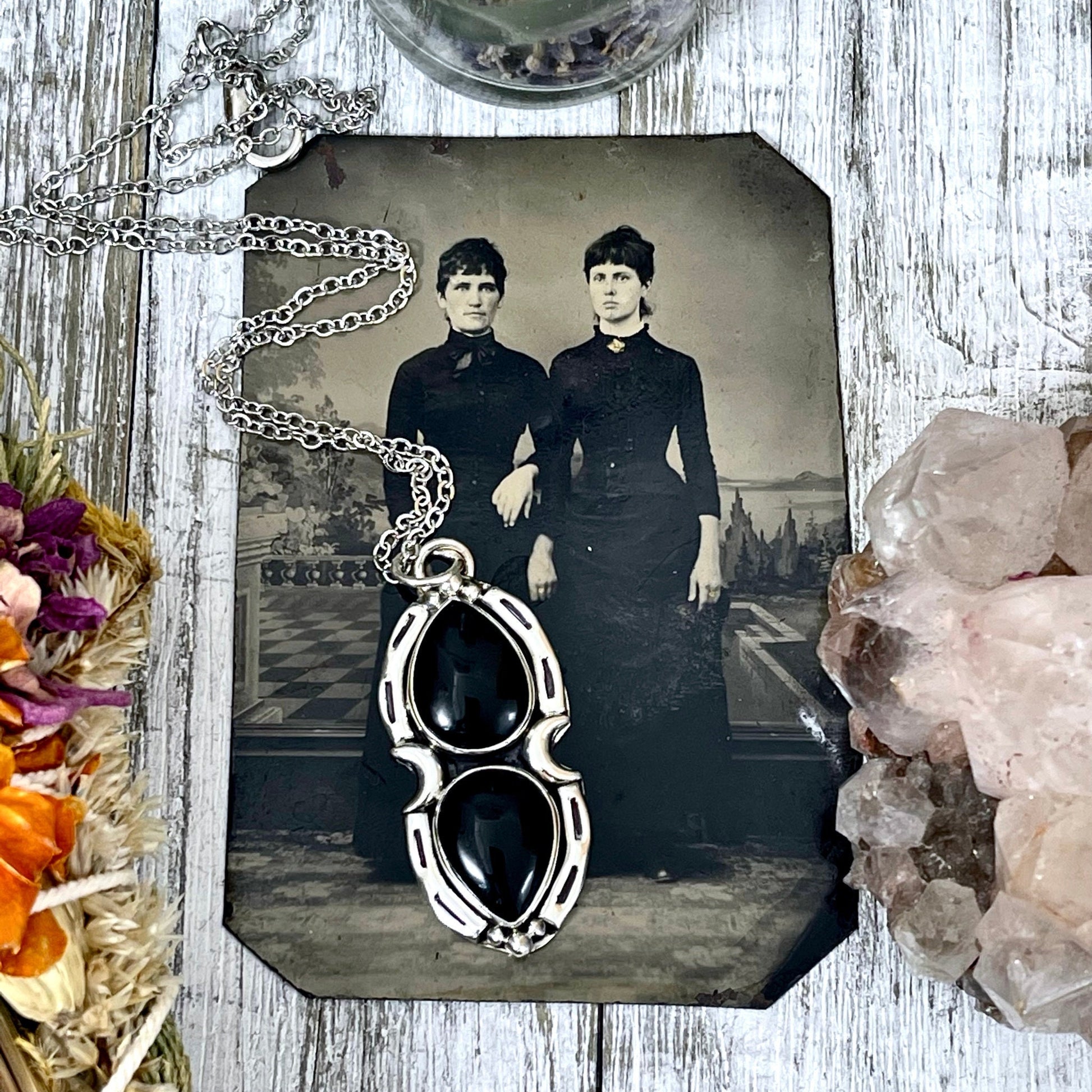 Black Onyx Mystic Moon Crystal Statement Necklace in Sterling Silver / Designed by FOXLARK Collection - Foxlark Crystal Jewelry