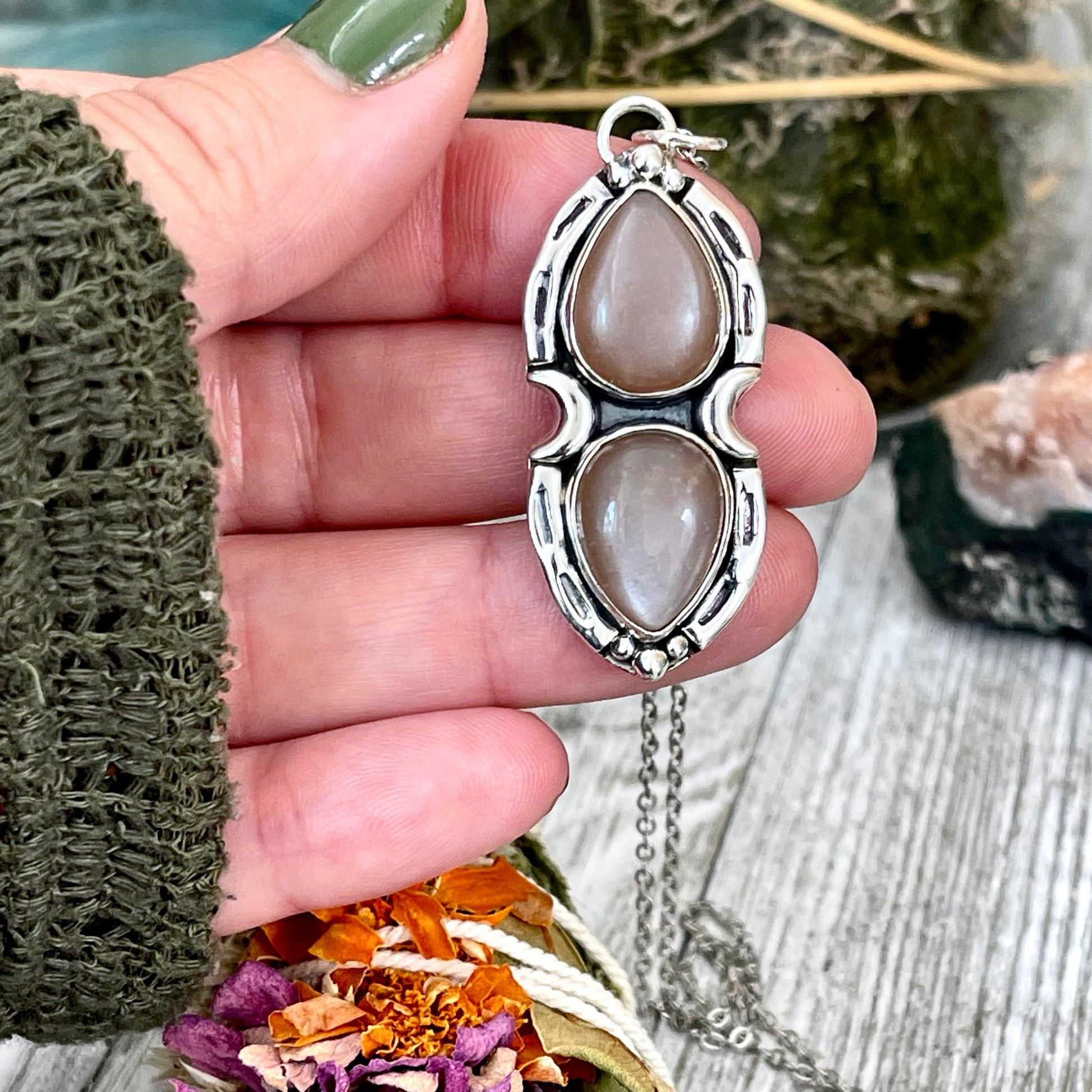 Peach Moonstone Mystic Moon Crystal Statement Necklace in Sterling Silver / Designed by FOXLARK Collection - Foxlark Crystal Jewelry