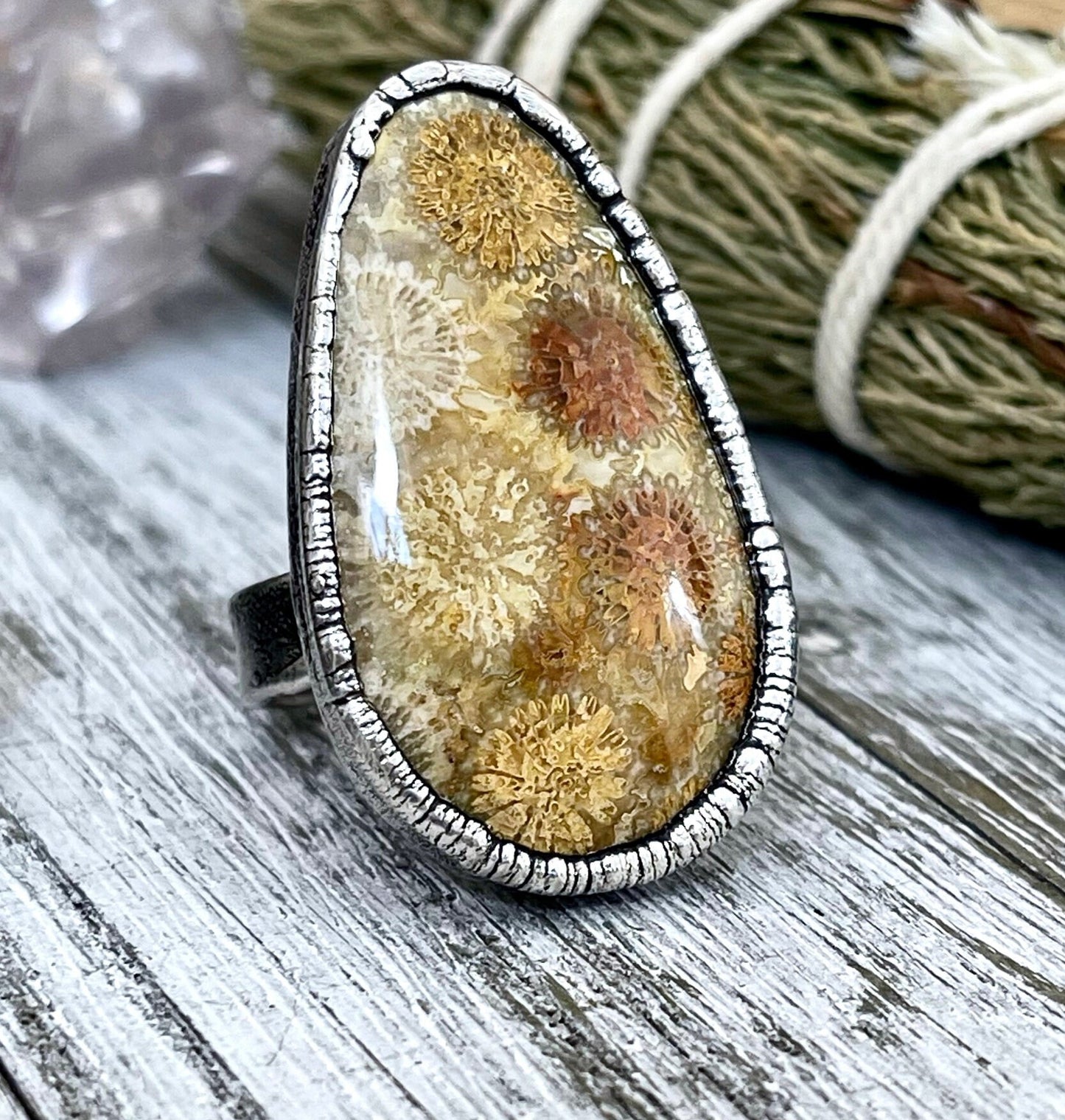 Size 7.5 Fossilized Coral Silver Statement Ring in Fine Silver / Foxlark Collection - One of a Kind