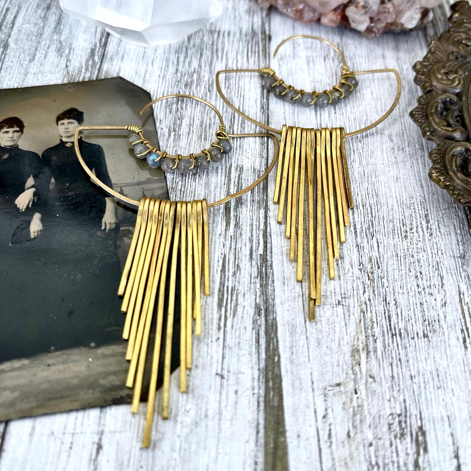 Large Brass and Labradorite Fringe Earrings
