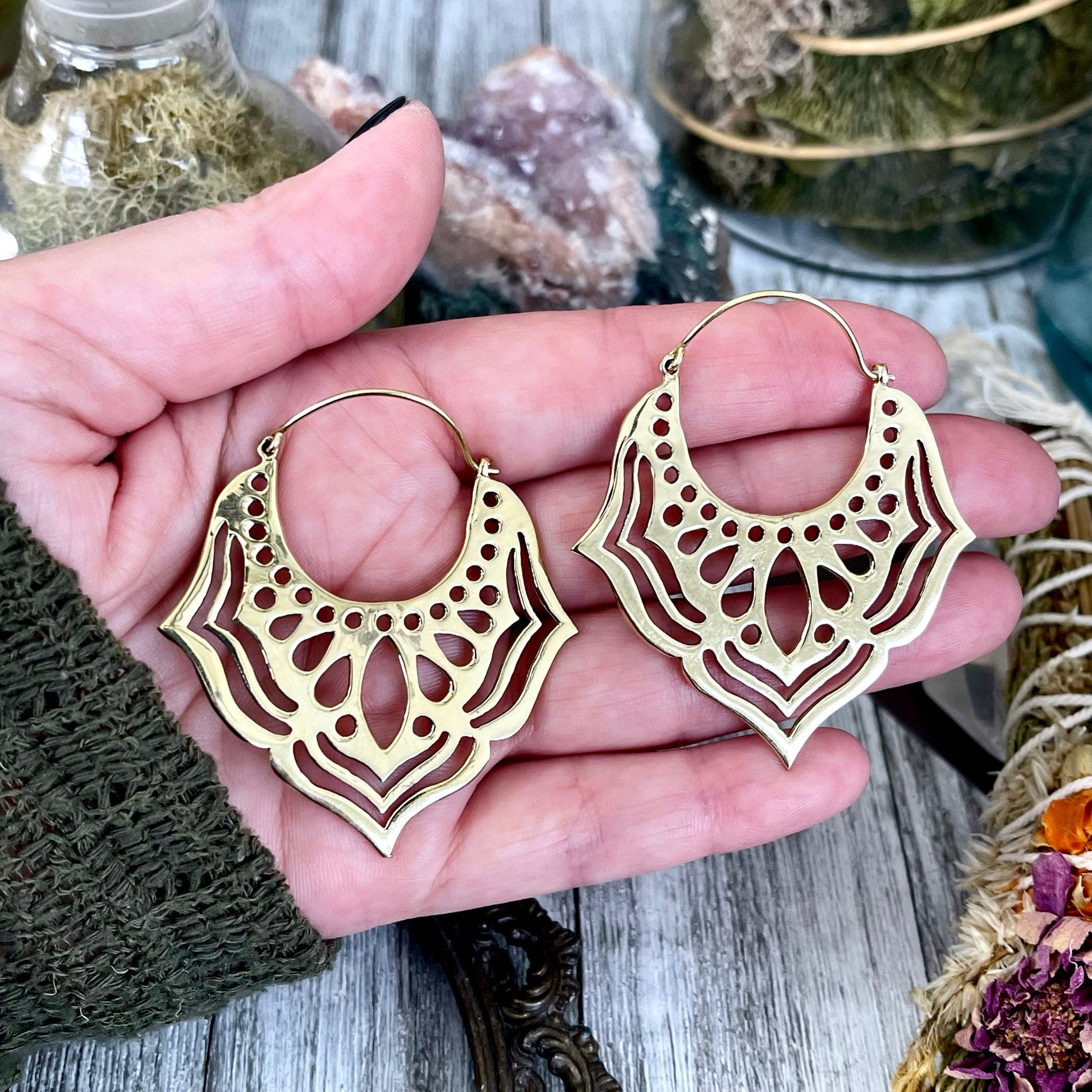 Large Brass Decorated Hoop Earrings - Foxlark Crystal Jewelry