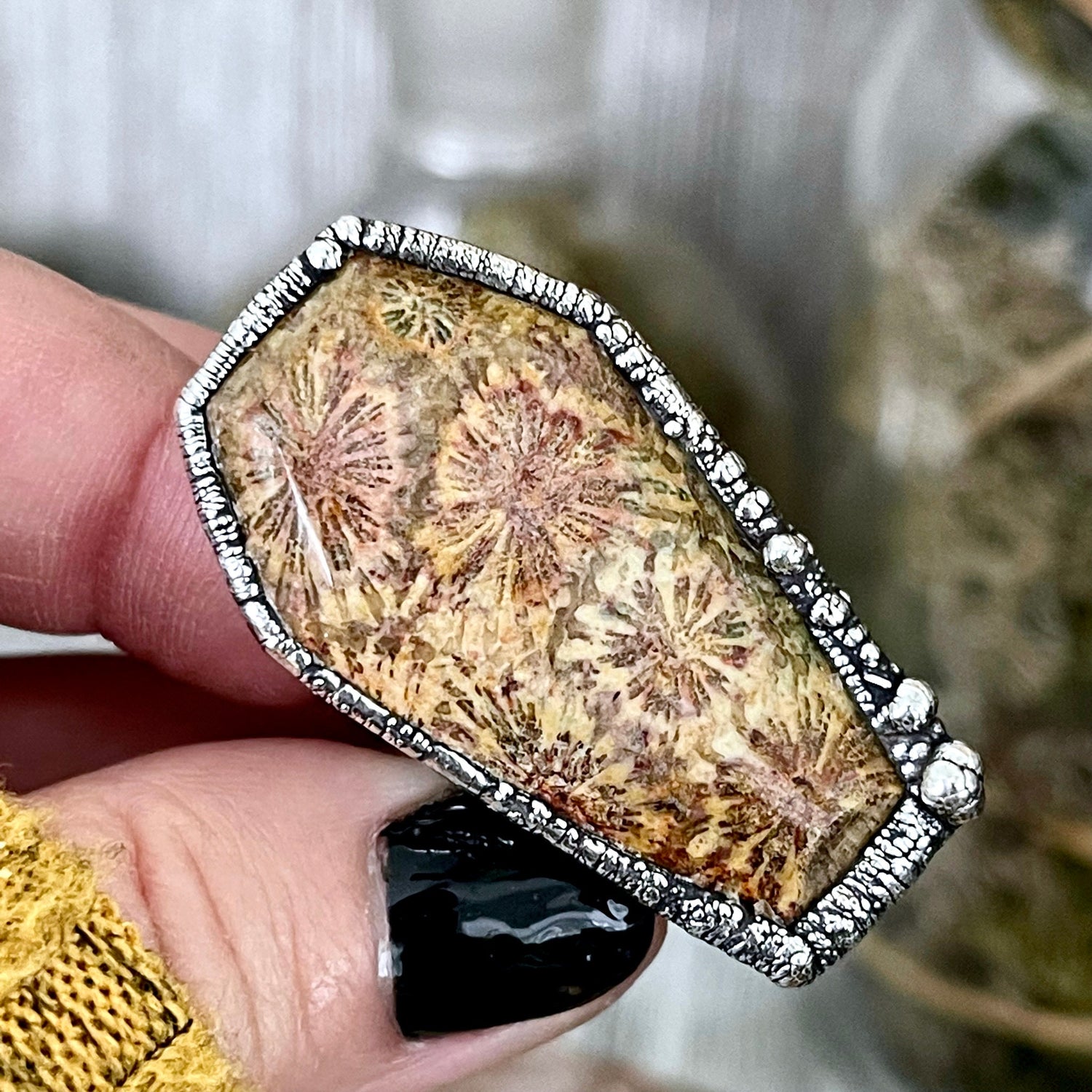 Size 8 Large Fossilized Coral Coffin Statement Ring in Fine Silver / Foxlark Collection - One of a Kind