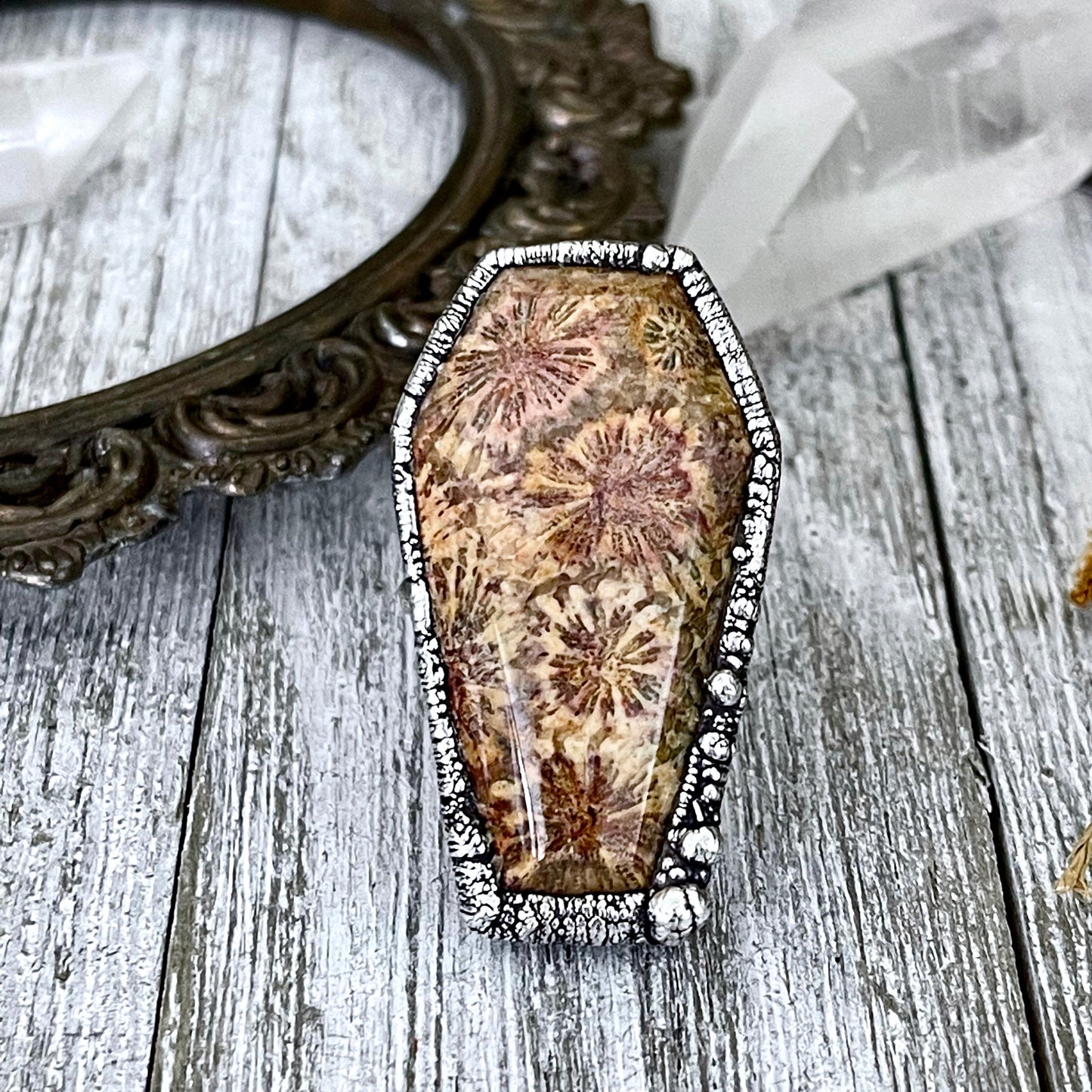 Size 8 Large Fossilized Coral Coffin Statement Ring in Fine Silver / Foxlark Collection - One of a Kind
