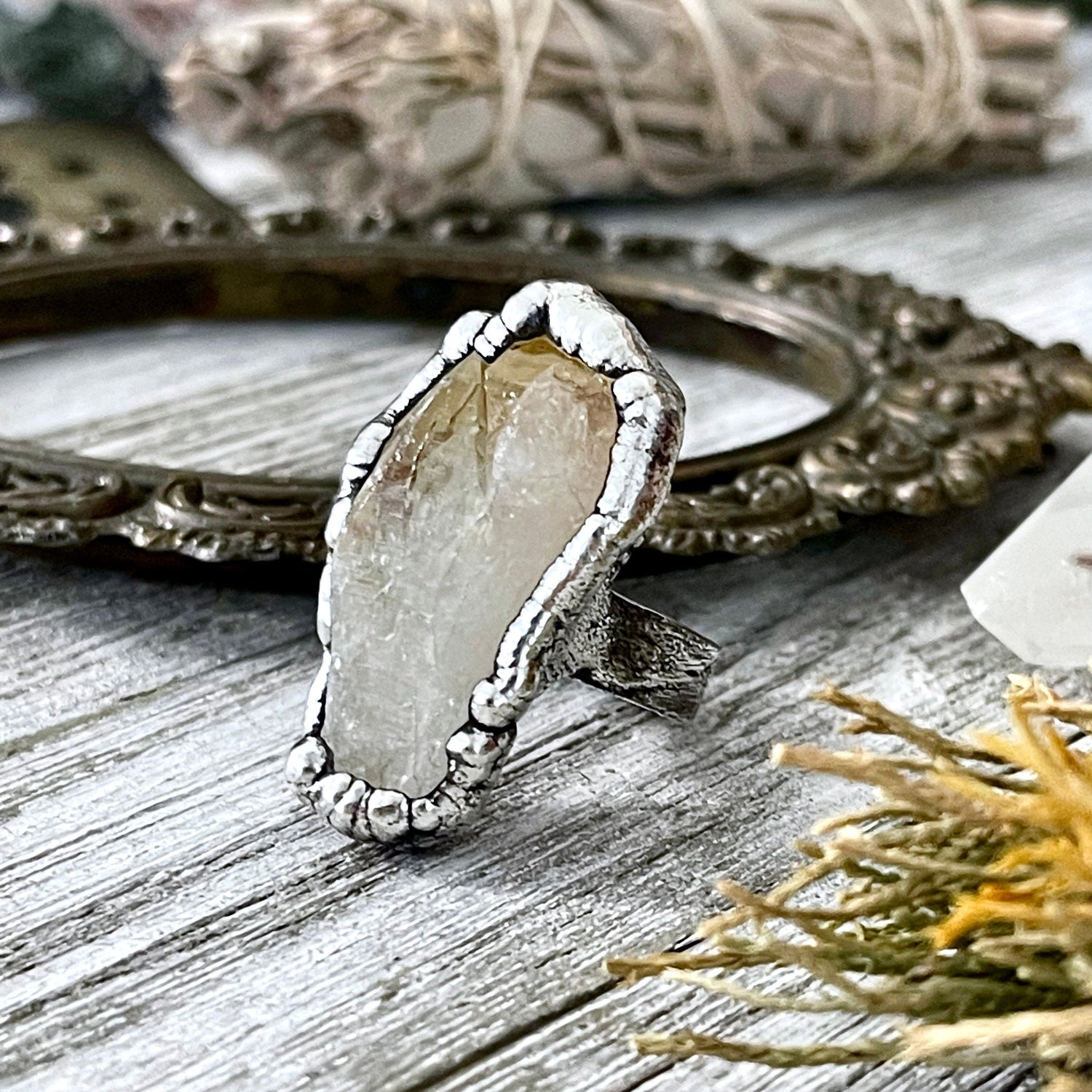 Size 8 Raw Citrine Crystal Point Ring Set in Fine Silver / Foxlark Collection - One of a Kind