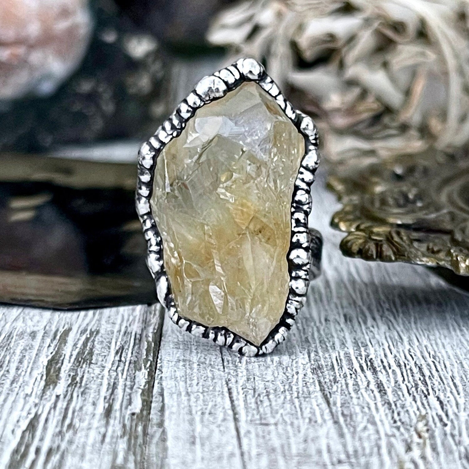 Size 6 Raw Citrine Crystal Point Ring Set in Fine Silver / Foxlark Collection - One of a Kind