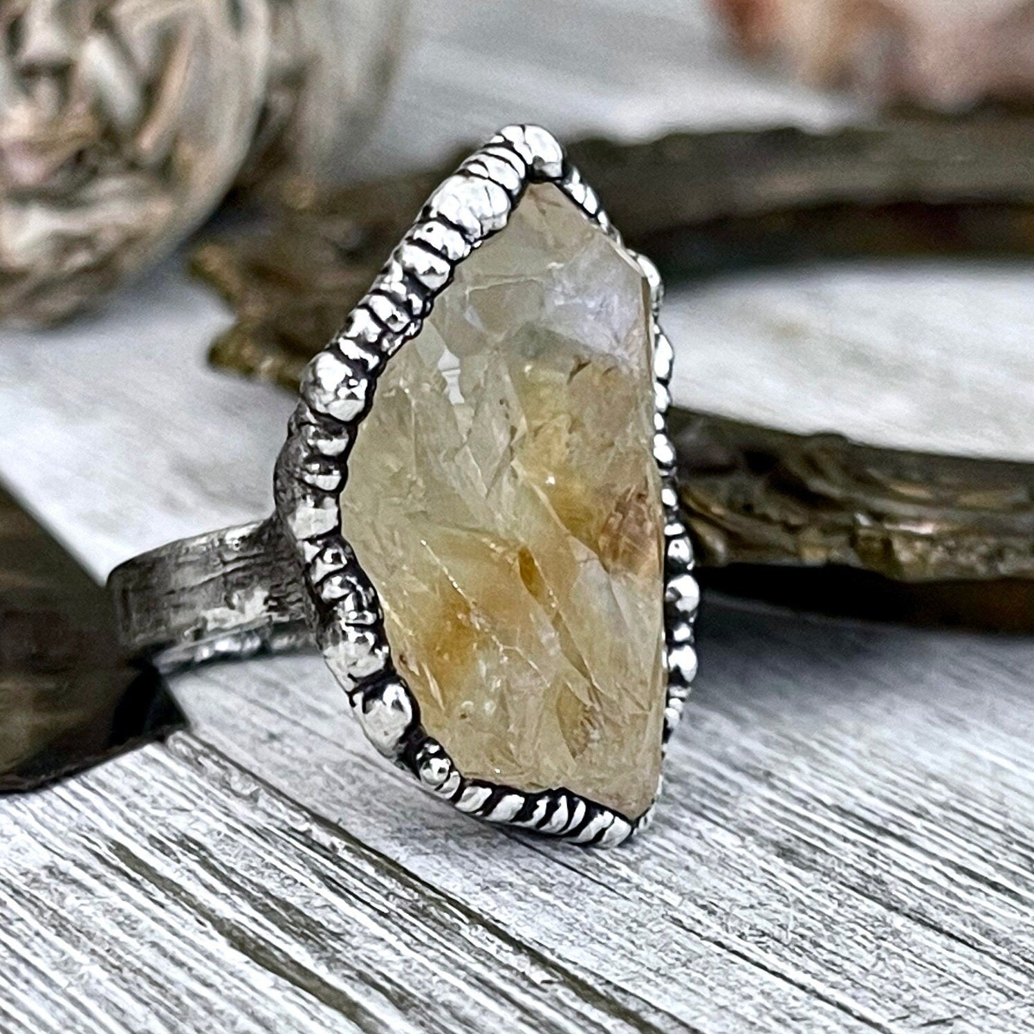 Size 6 Raw Citrine Crystal Point Ring Set in Fine Silver / Foxlark Collection - One of a Kind