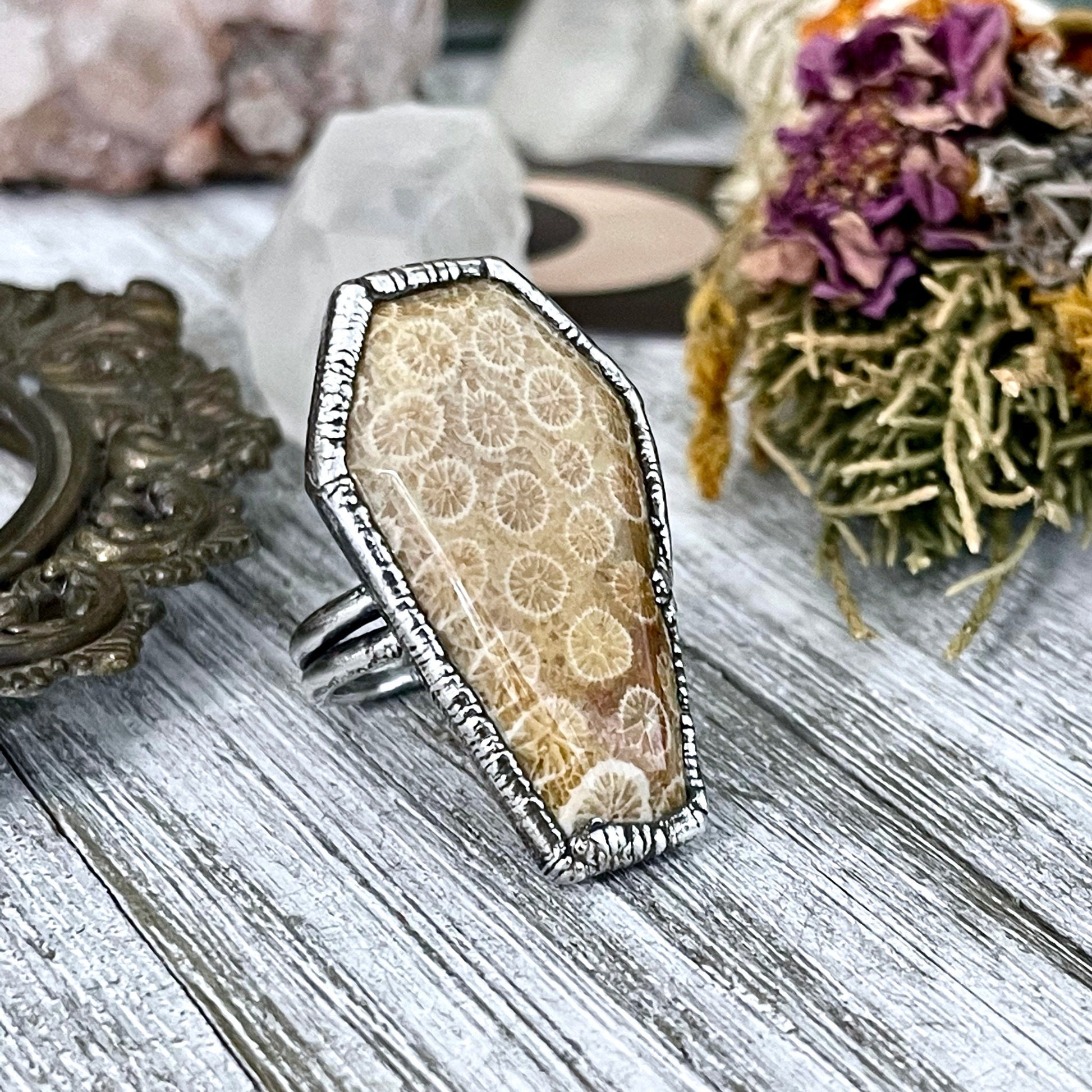 Coffin Jewelry, Etsy ID: 1308026785, Festival Jewelry, Fossilized Coral, Fossilized Palm Root, FOXLARK- RINGS, Gemstone Ring, Gothic Jewelry, Halloween Jewelry, Healing Crystal, Jewelry, Ring For Woman, Rings, Silver Coffin Ring, silver crystal ring, Silv