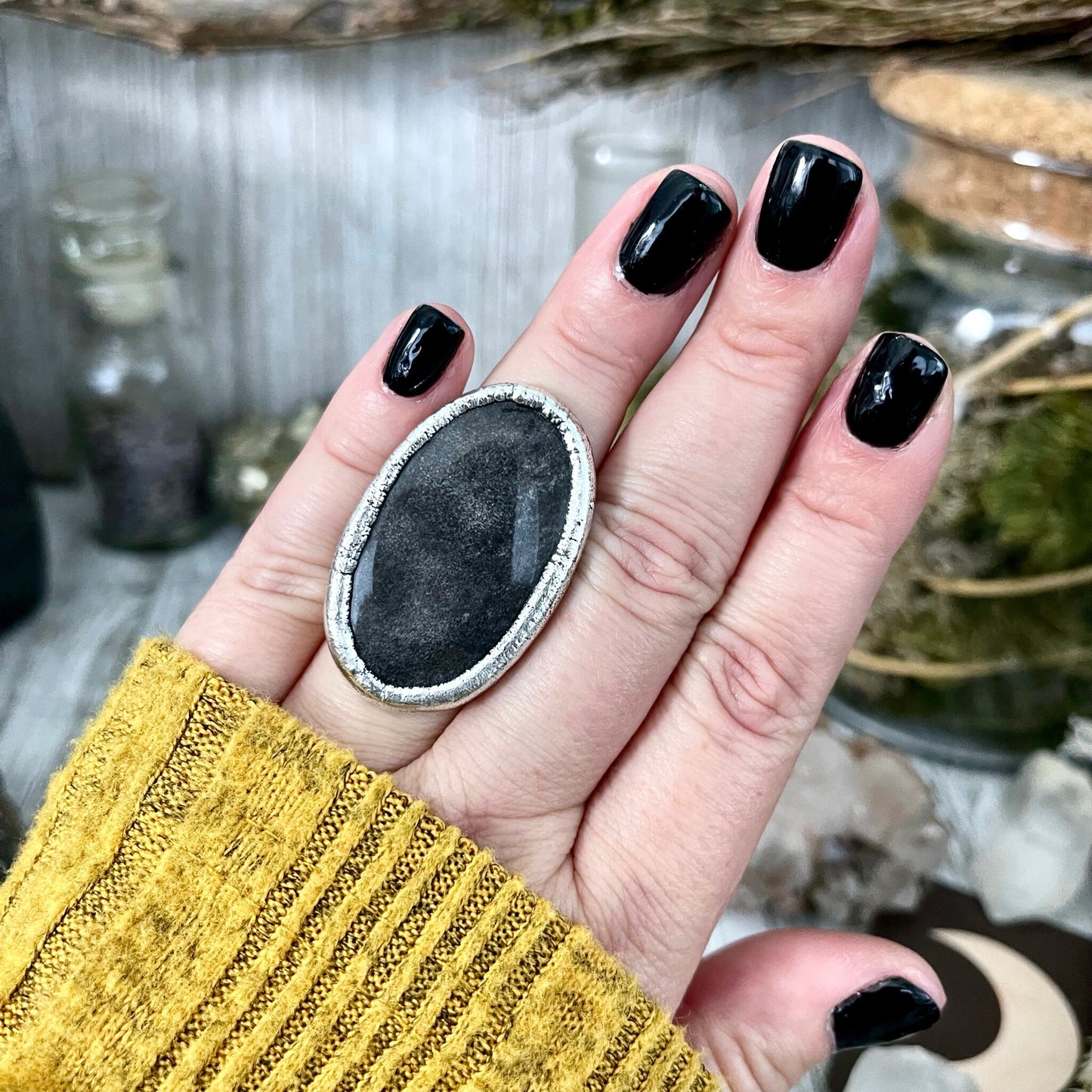 Size 6.5 Silver Sheen Obsidian Statement Ring in fine Silver / Foxlark Collection - One of a Kind
