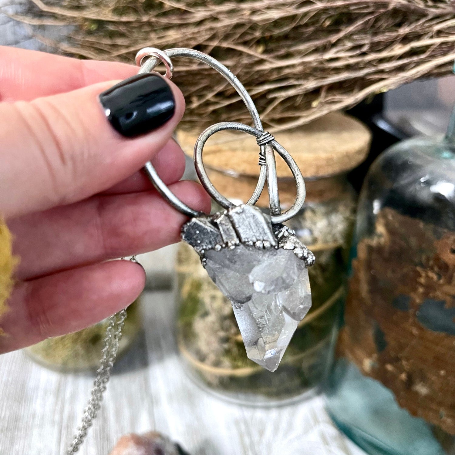 Raw Clear Quartz Cluster Crystal Statement Necklace in Fine Silver / Foxlark Collection - One of a Kind