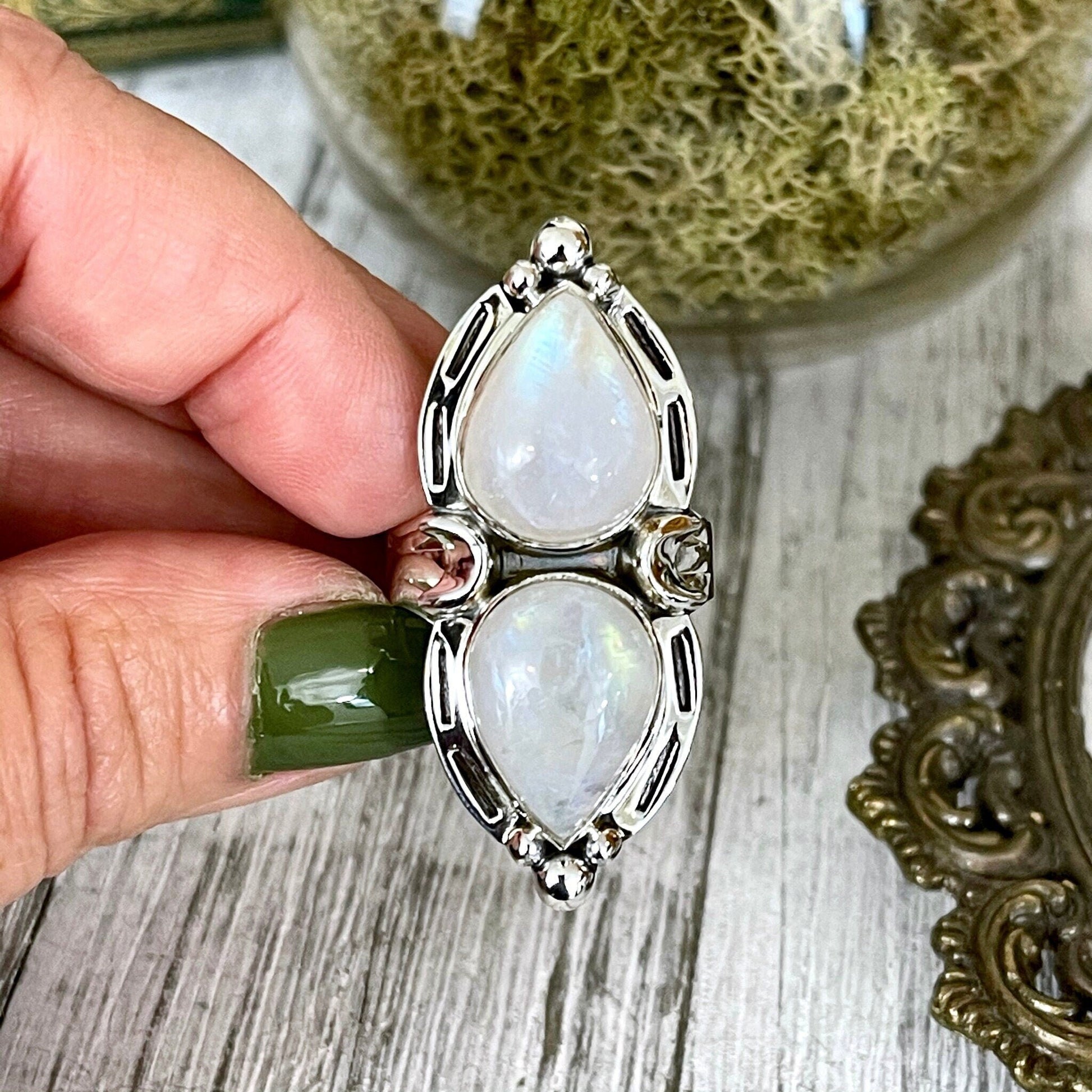 Mystic Moons Rainbow Moonstone Crystal Ring in Solid Sterling Silver- Designed by FOXLARK Collection Size 5 6 7 8 9 10 11 / Gothic Jewelry.