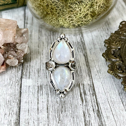 Mystic Moons Rainbow Moonstone Crystal Ring in Solid Sterling Silver- Designed by FOXLARK Collection Size 5 6 7 8 9 10 11 / Gothic Jewelry.