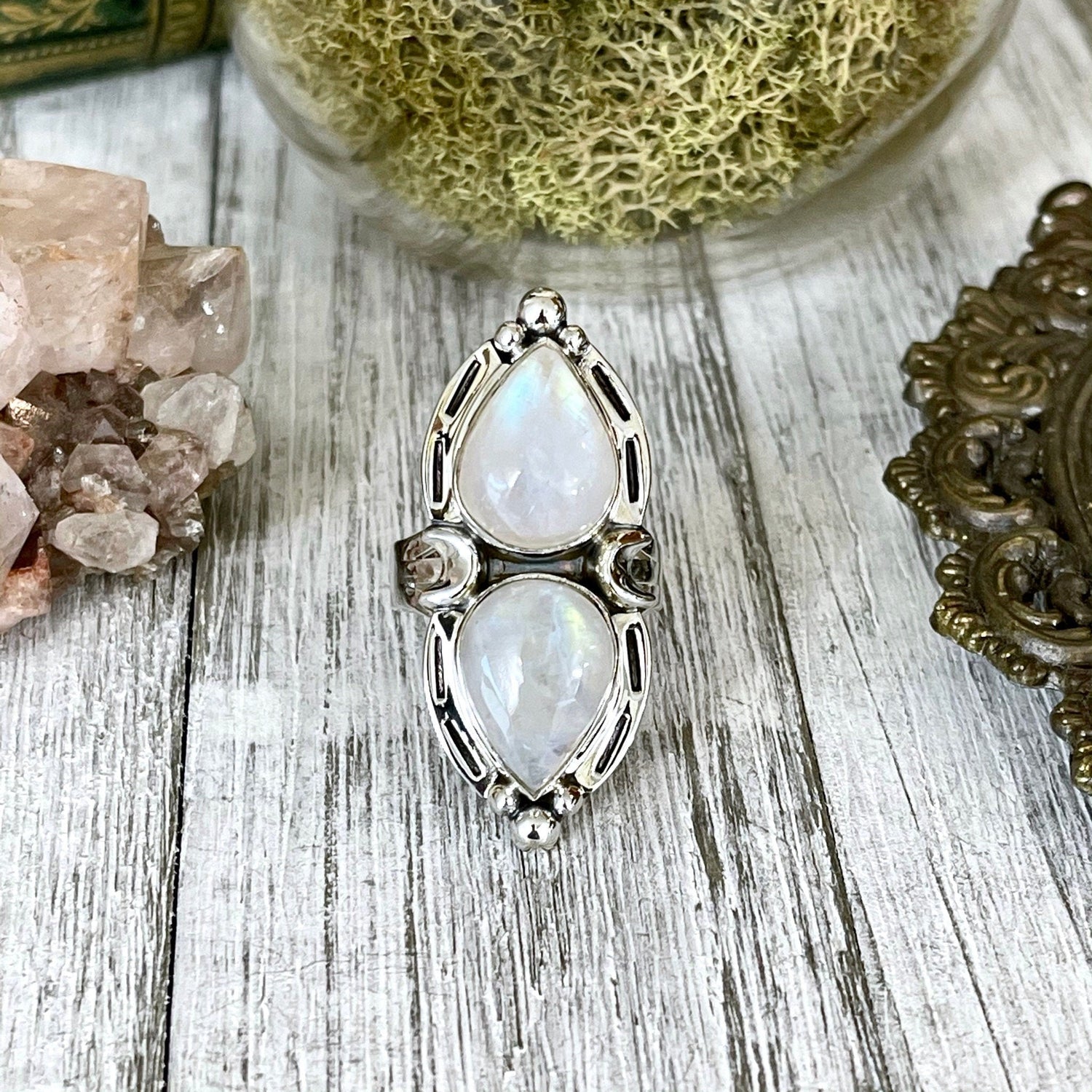 Mystic Moons Rainbow Moonstone Crystal Ring in Solid Sterling Silver- Designed by FOXLARK Collection Size 5 6 7 8 9 10 11