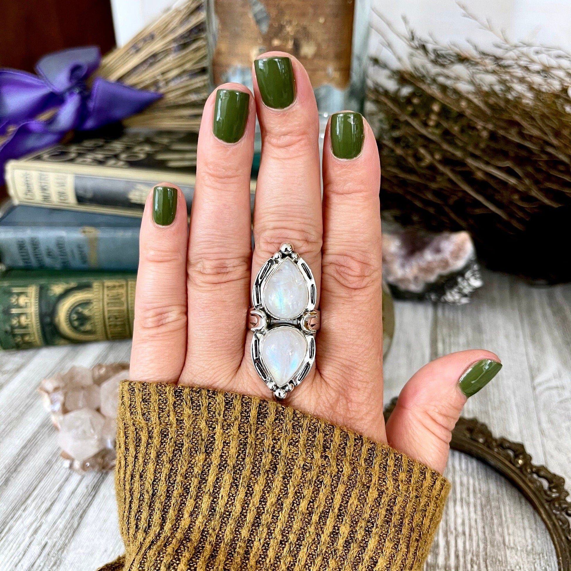 Mystic Moons Rainbow Moonstone Crystal Ring in Solid Sterling Silver- Designed by FOXLARK Collection Size 5 6 7 8 9 10 11 / Gothic Jewelry.
