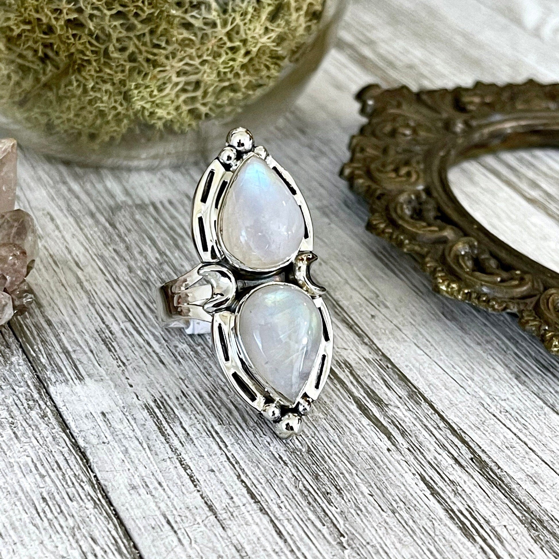 Mystic Moons Rainbow Moonstone Crystal Ring in Solid Sterling Silver- Designed by FOXLARK Collection Size 5 6 7 8 9 10 11 / Gothic Jewelry.