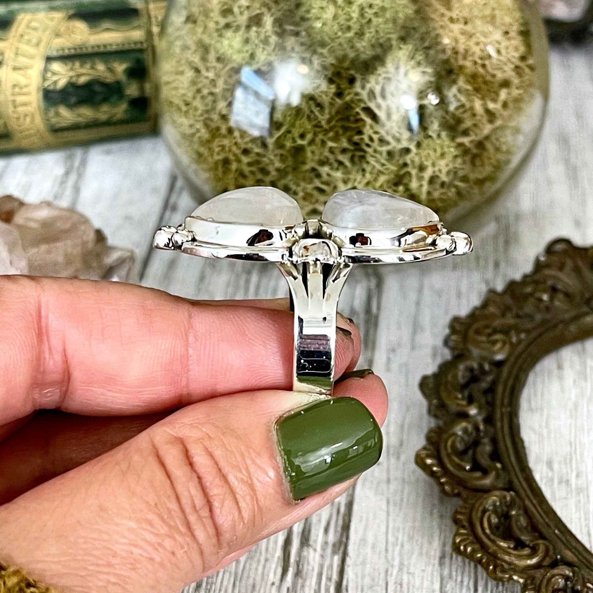 Mystic Moons Rainbow Moonstone Crystal Ring in Solid Sterling Silver- Designed by FOXLARK Collection Size 5 6 7 8 9 10 11 / Gothic Jewelry.