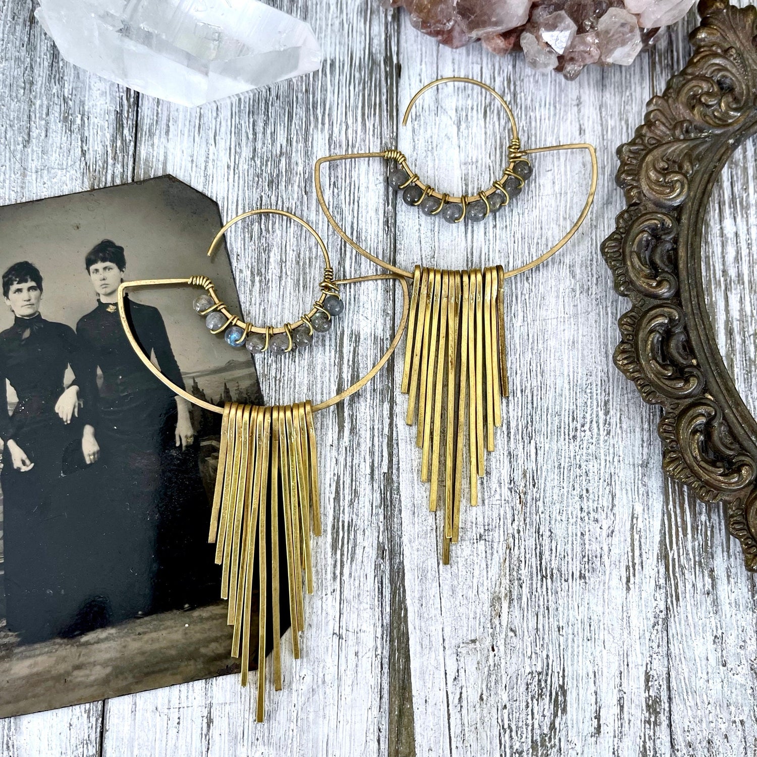 Large Brass and Labradorite Fringe Earrings
