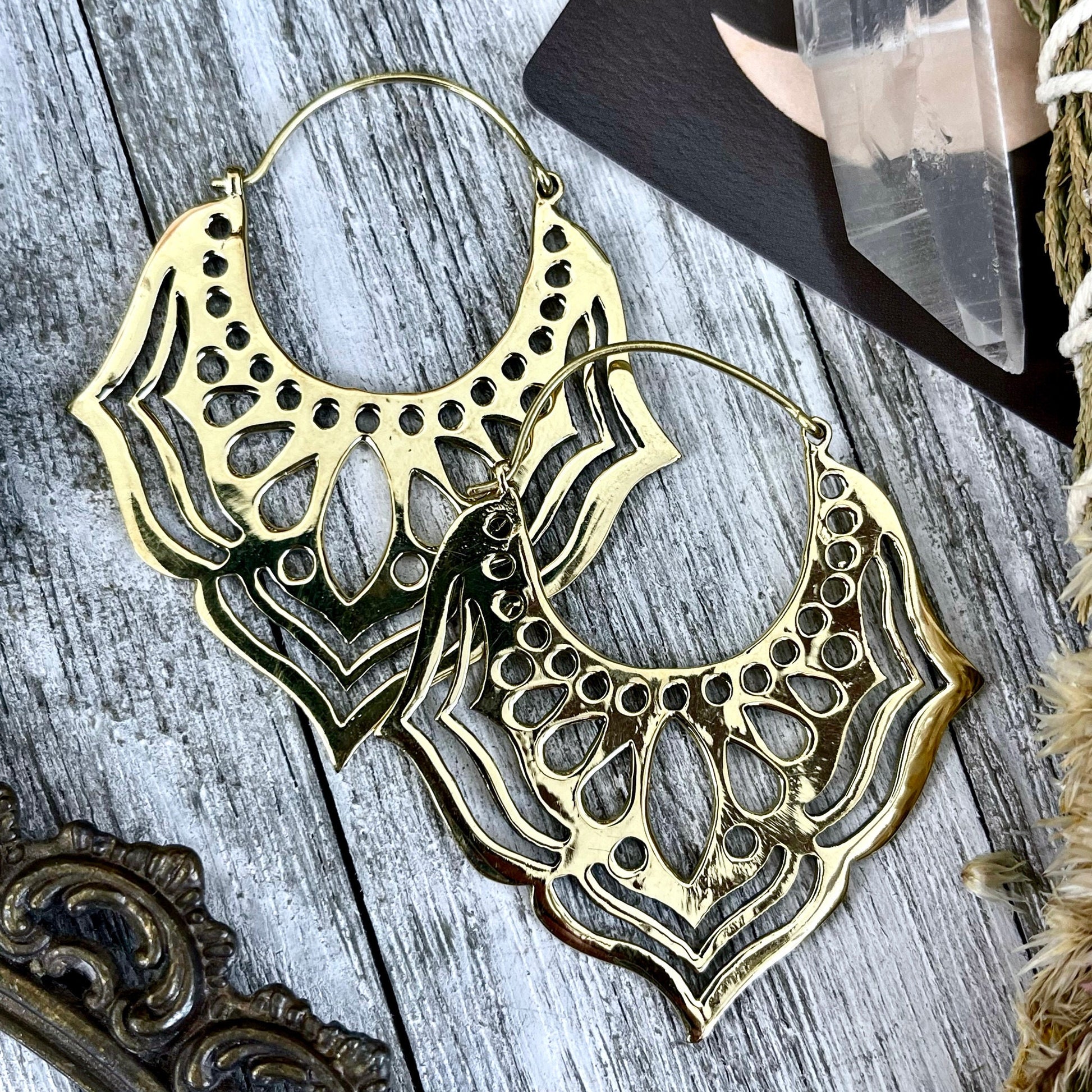 Large Brass Decorated Hoop Earrings - Foxlark Crystal Jewelry