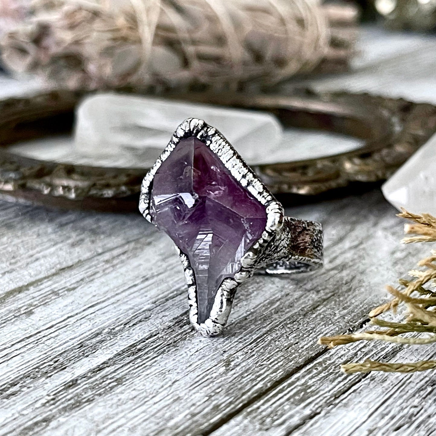 Size 6.5 Big Raw Amethyst Purple Crystal Ring in Fine Silver / Foxlark Collection - One of a Kind