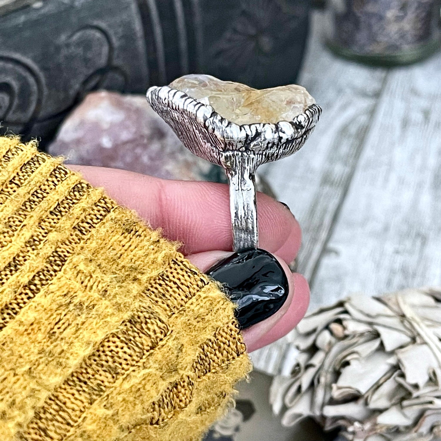 Size 6 Raw Citrine Crystal Point Ring Set in Fine Silver / Foxlark Collection - One of a Kind