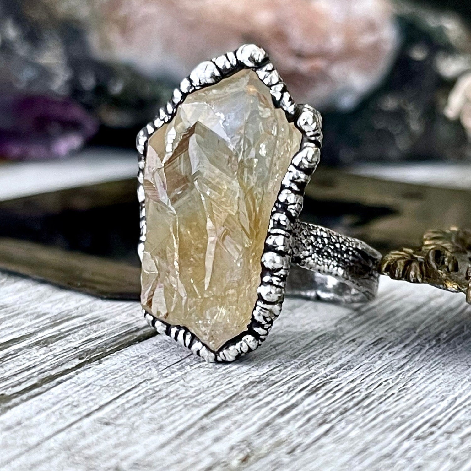 Size 6 Raw Citrine Crystal Point Ring Set in Fine Silver / Foxlark Collection - One of a Kind