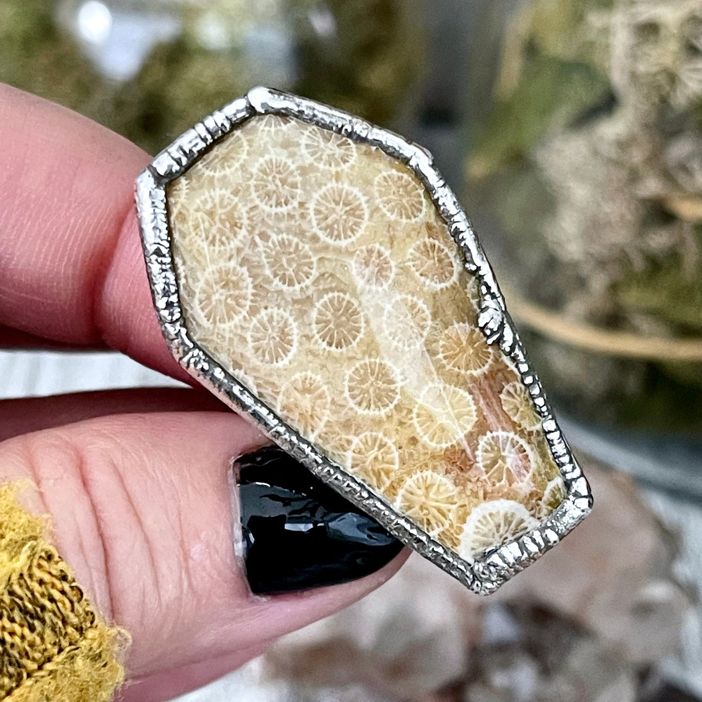 Coffin Jewelry, Etsy ID: 1308026785, Festival Jewelry, Fossilized Coral, Fossilized Palm Root, FOXLARK- RINGS, Gemstone Ring, Gothic Jewelry, Halloween Jewelry, Healing Crystal, Jewelry, Ring For Woman, Rings, Silver Coffin Ring, silver crystal ring, Silv