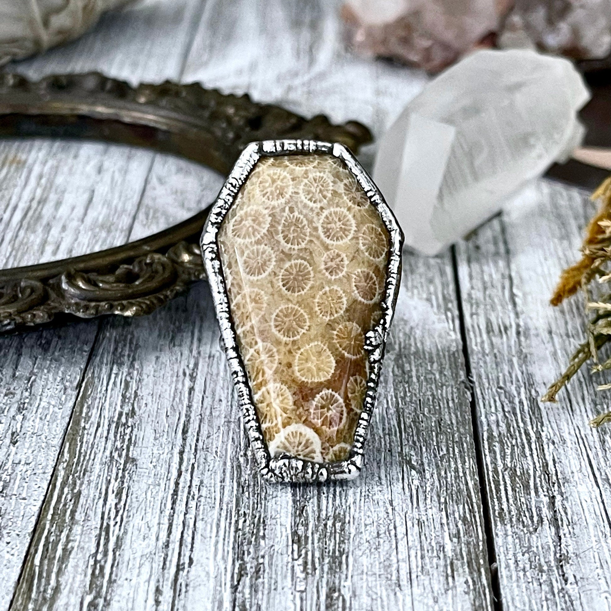 Coffin Jewelry, Etsy ID: 1308026785, Festival Jewelry, Fossilized Coral, Fossilized Palm Root, FOXLARK- RINGS, Gemstone Ring, Gothic Jewelry, Halloween Jewelry, Healing Crystal, Jewelry, Ring For Woman, Rings, Silver Coffin Ring, silver crystal ring, Silv