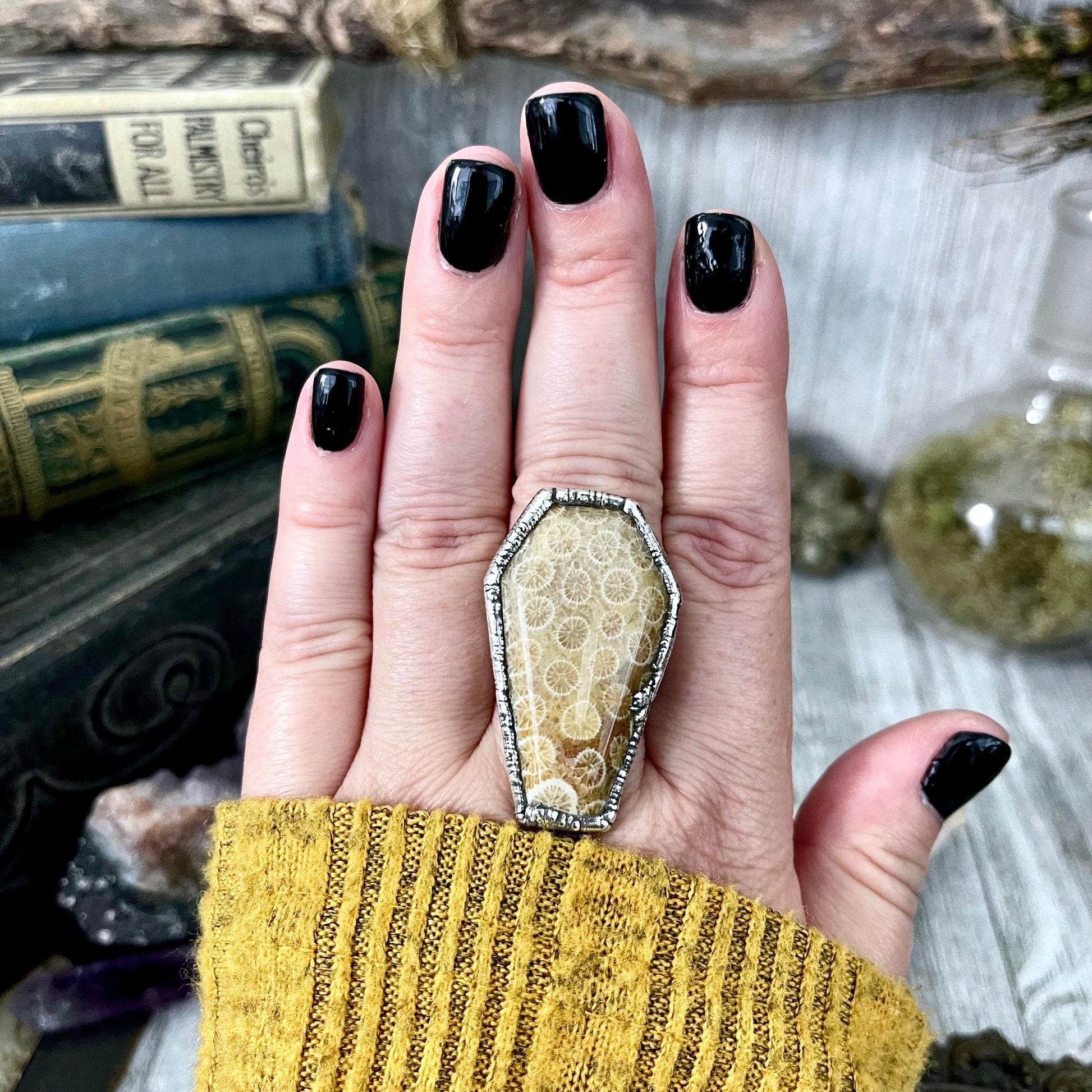 Coffin Jewelry, Etsy ID: 1308026785, Festival Jewelry, Fossilized Coral, Fossilized Palm Root, FOXLARK- RINGS, Gemstone Ring, Gothic Jewelry, Halloween Jewelry, Healing Crystal, Jewelry, Ring For Woman, Rings, Silver Coffin Ring, silver crystal ring, Silv