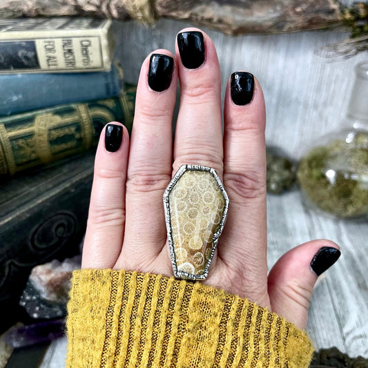 Size 8.5 Large Fossilized Coral Coffin Statement Ring in Fine Silver / Foxlark Collection - One of a Kind.