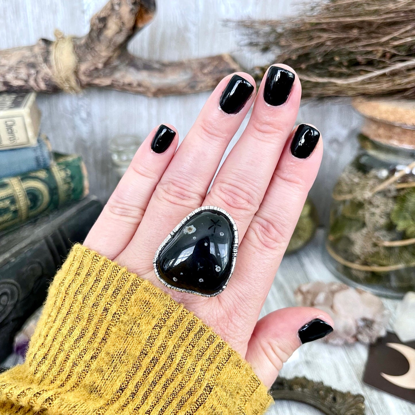 Size 9 Natural Black Tumbled Stone Agate Ring in Fine Silver/ Foxlark Collection - One of a Kind