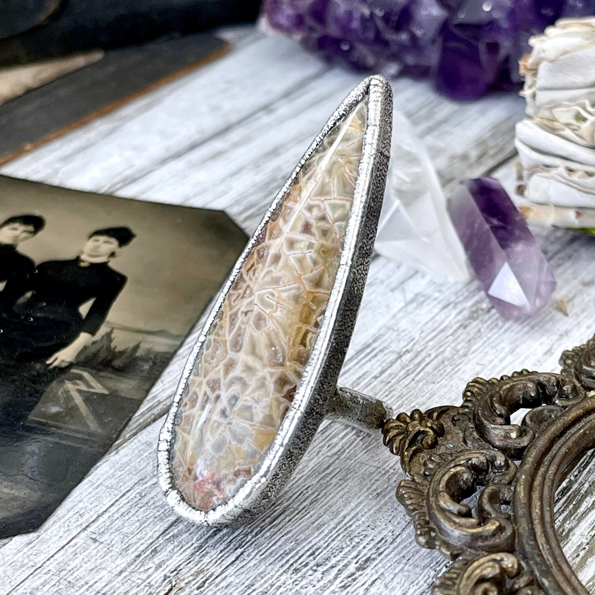 Size 8 Fossilized Coral Silver Statement Ring / Foxlark Collection - One of a Kind - Foxlark Crystal Jewelry