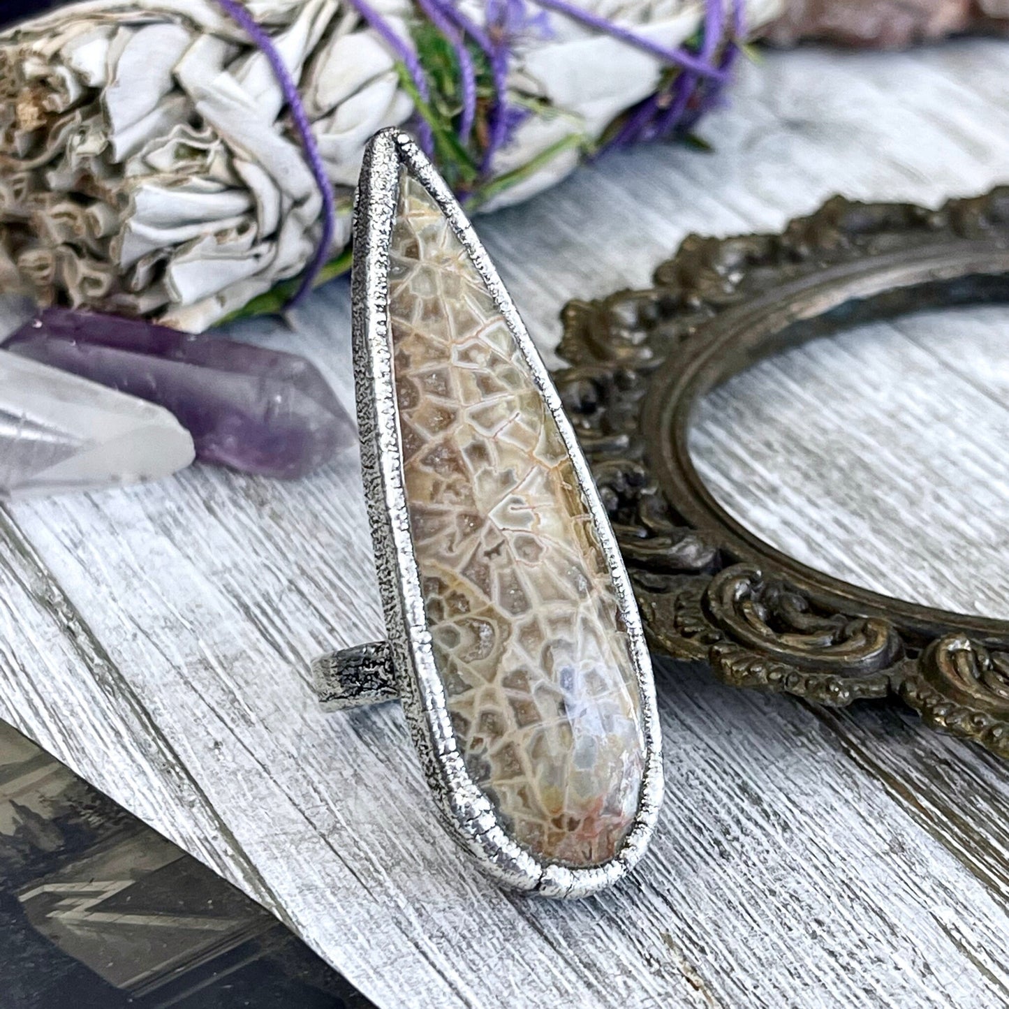Size 8 Fossilized Coral Silver Statement Ring / Foxlark Collection - One of a Kind - Foxlark Crystal Jewelry