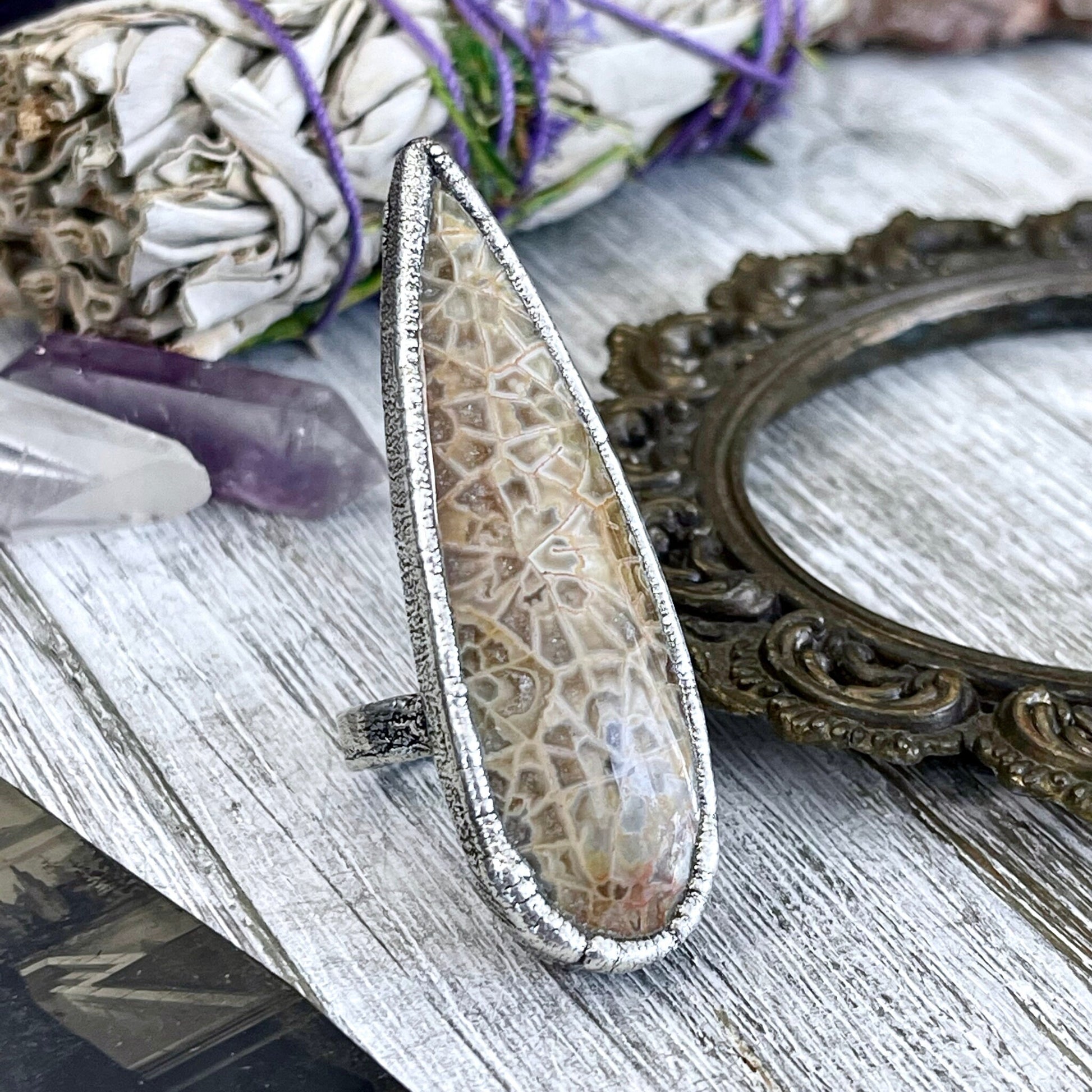 Size 8 Fossilized Coral Silver Statement Ring / Foxlark Collection - One of a Kind - Foxlark Crystal Jewelry