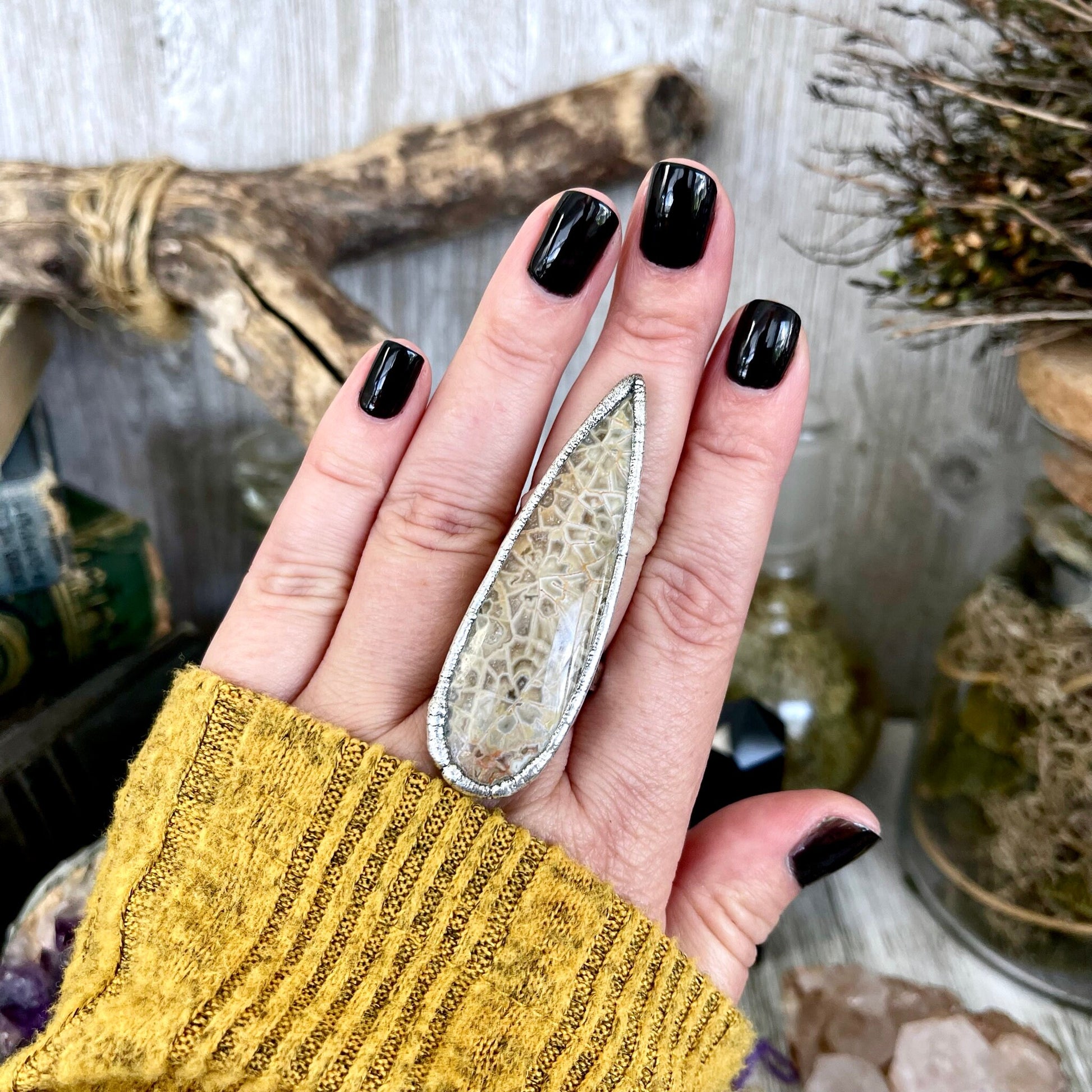 Size 8 Fossilized Coral Silver Statement Ring / Foxlark Collection - One of a Kind - Foxlark Crystal Jewelry