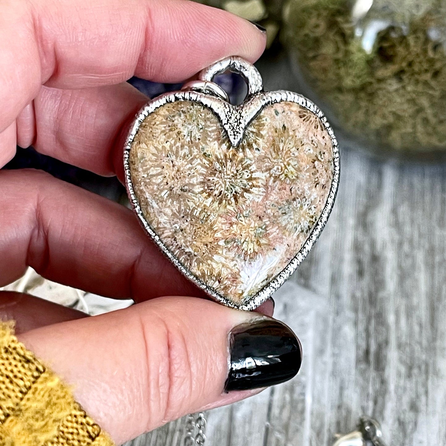Big Fossilized Coral Heart Necklace in Fine Silver / Foxlark Collection - One of a Kind