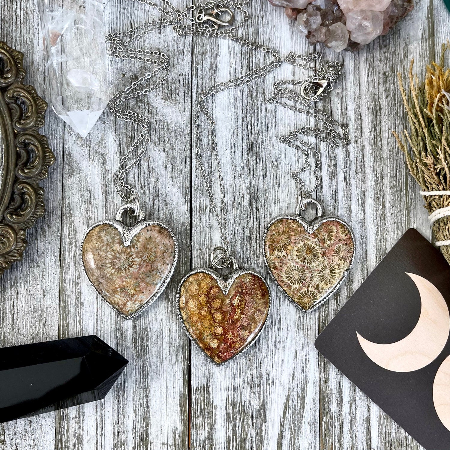 Big Fossilized Coral Heart Necklace in Fine Silver / Foxlark Collection - One of a Kind