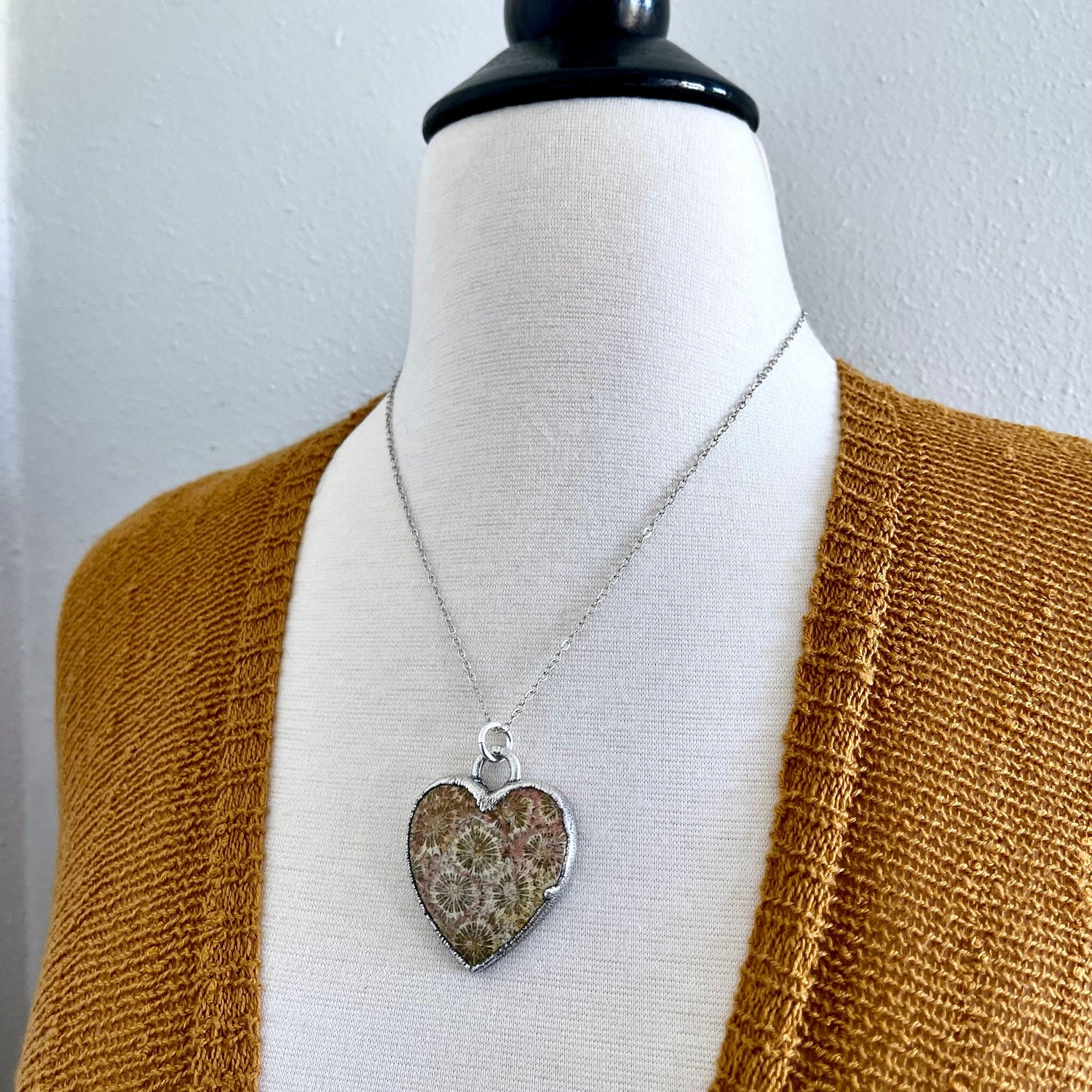 Big Fossilized Coral Heart Necklace in Fine Silver / Foxlark Collection - One of a Kind