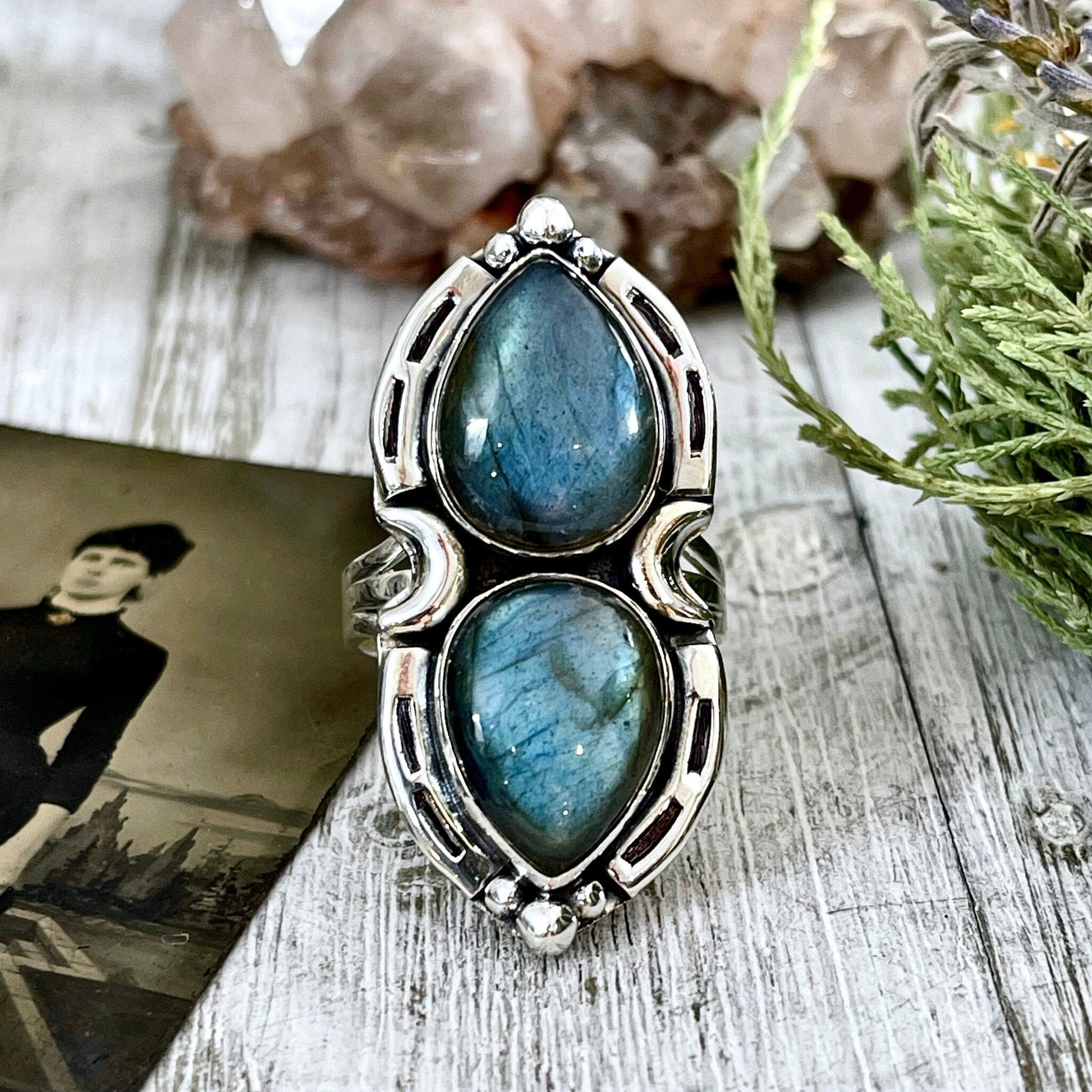 Mystic Moons Labradorite Crystal Ring Sterling Silver Designed FOXLARK Collection Size 6 7 8 9 10 / Big Crystal Ring Witchy Jewelry.