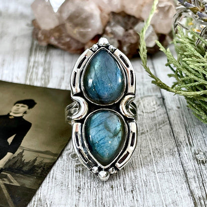 Mystic Moons Labradorite Crystal Ring Sterling Silver Designed FOXLARK Collection Size 6 7 8 9 10 / Big Crystal Ring Witchy Jewelry.
