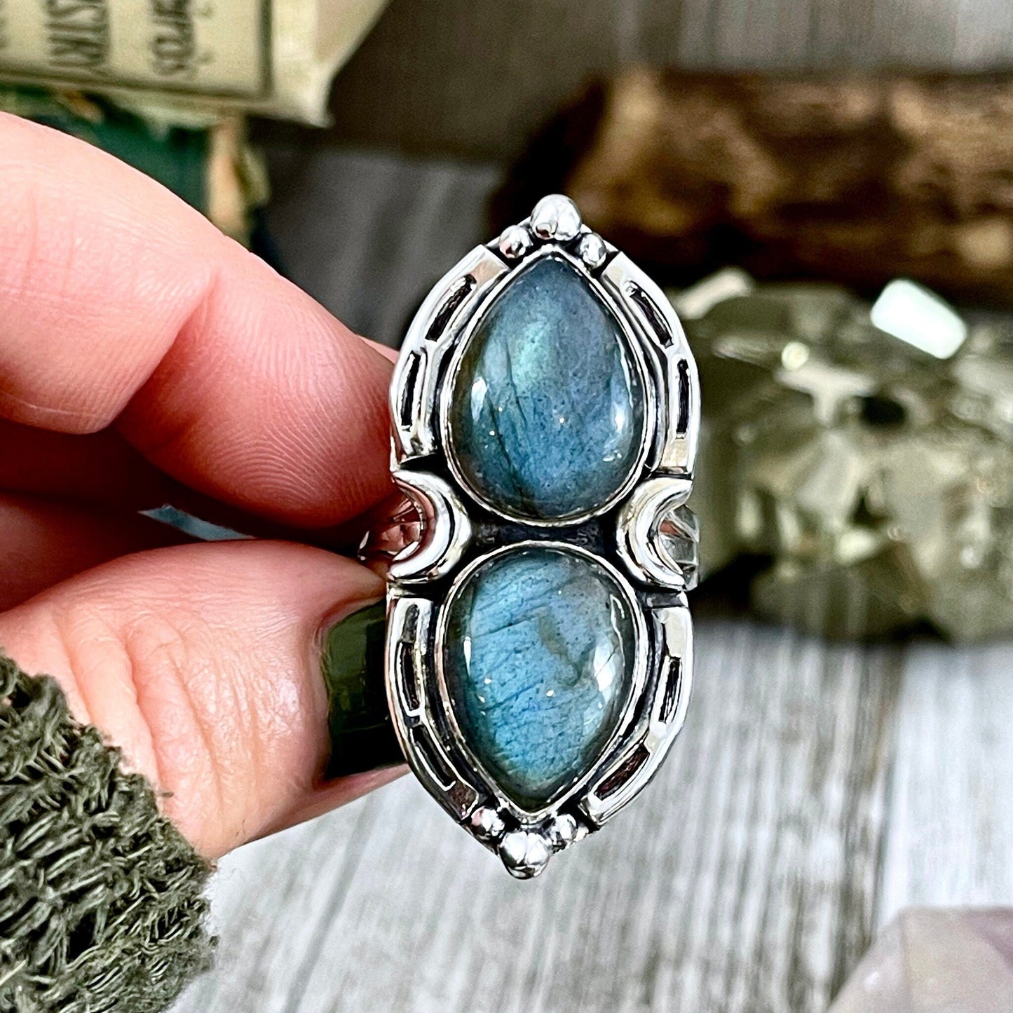Mystic Moons Labradorite Crystal Ring Sterling Silver Designed FOXLARK Collection Size 6 7 8 9 10 / Big Crystal Ring Witchy Jewelry.